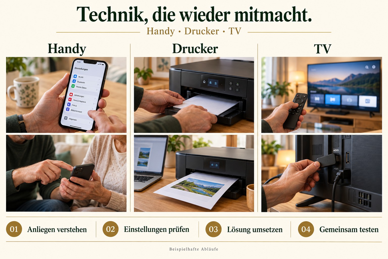 Beispielhafte Hilfe an Handy, Drucker und TV